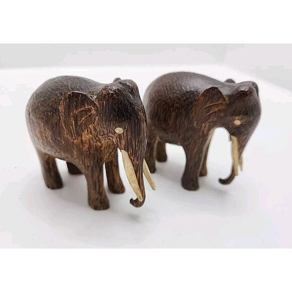 Hand Carved Wood Elephant Set Of 2 Vintage Safari Collectible Figurines 3" - Picture 1 of 8